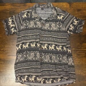Elephant Paisley Striped Print Short Sleeve Button Up Shirt Top (Kids XL)